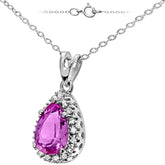 1.54ct Pear Shape Created Pink Sapphire and Diamond Teardrop Pendant in UK Hallmarked 9ct White Gold